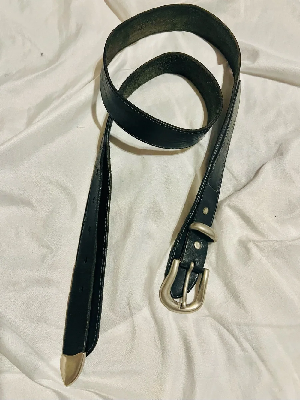 Classic Black Leather Men's Belt with Silver Buckle 45.5” long
